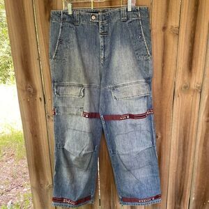 Marithe' Francois GIRBAUD MAROON Spell Out Shuttle Baggy JEANS 38 40 x 32
